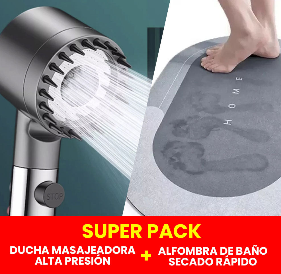 Pack Cabezal Ducha Masajeadora + Alfombra de Baño Secado Rápido